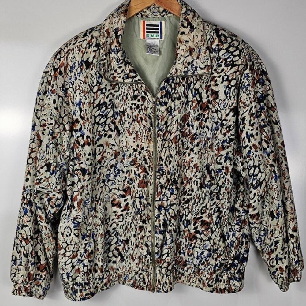 EVR Vintage 100% silk jogger jacket zip front size L brown black green print